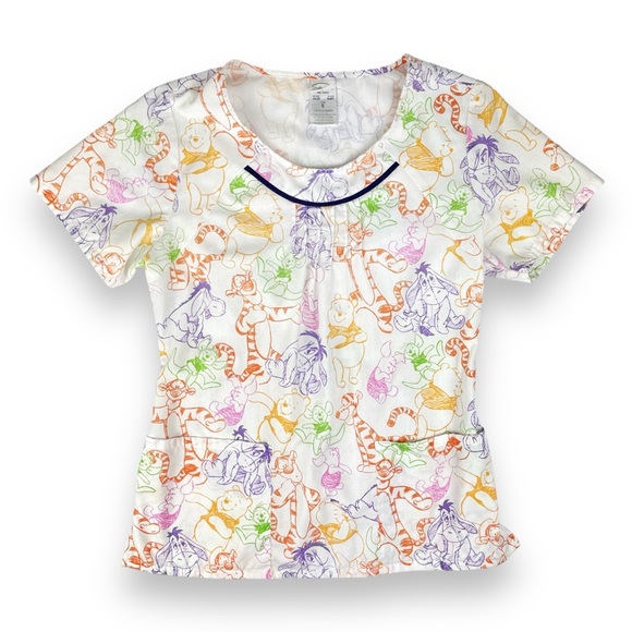 Disney Scrub Top Women’s Small Winnie the Pooh Piglet Pockets Medical Colorful - Picture 1 of 11
